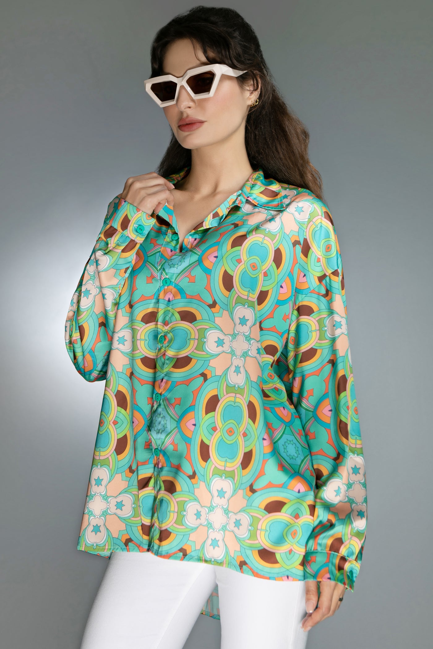 ED-019NC-PSYCHEDELIC STARTS AGUA- SATIN BLOUSE