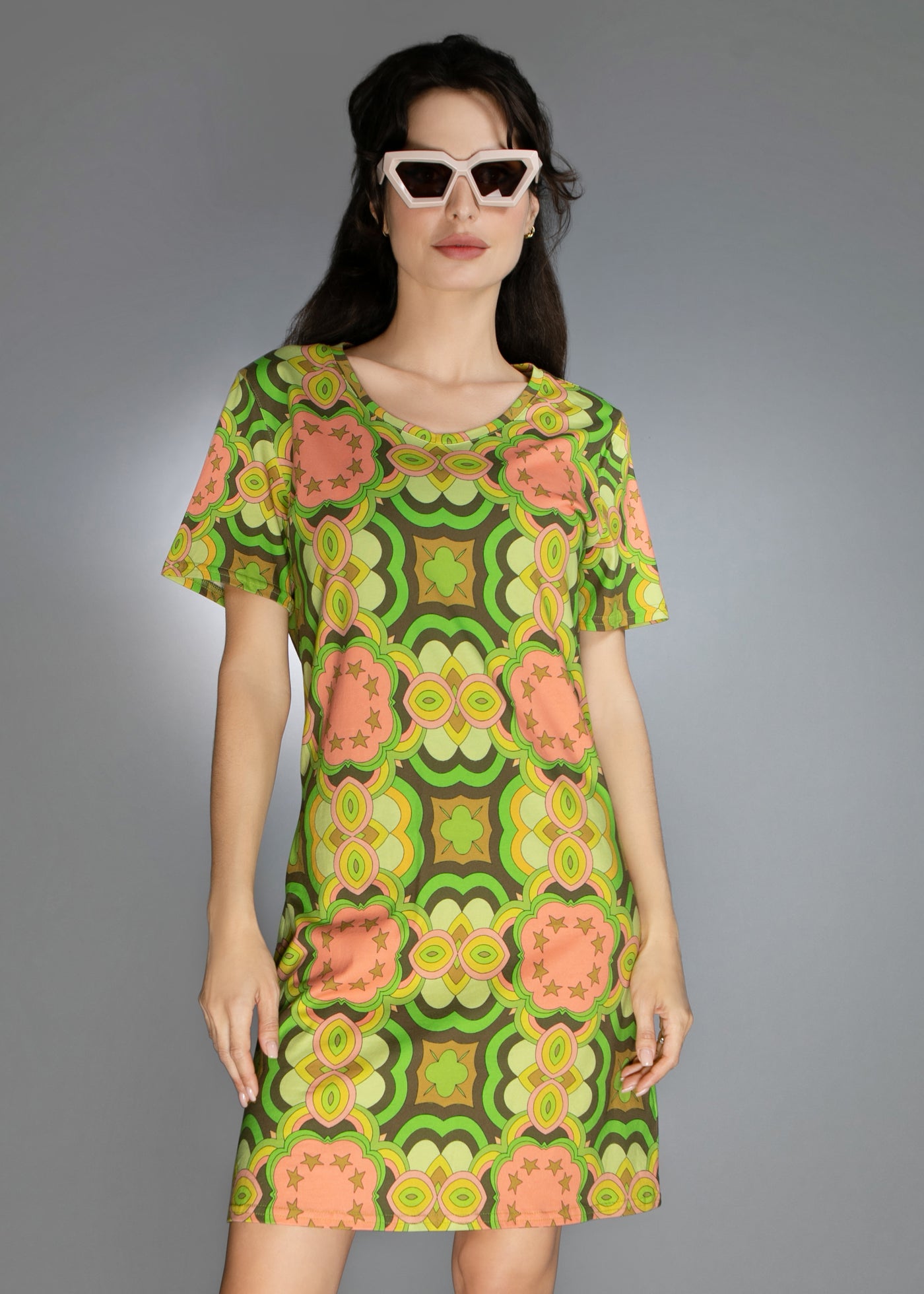 60's Floral Green Pastel Print T-Shirt Dress