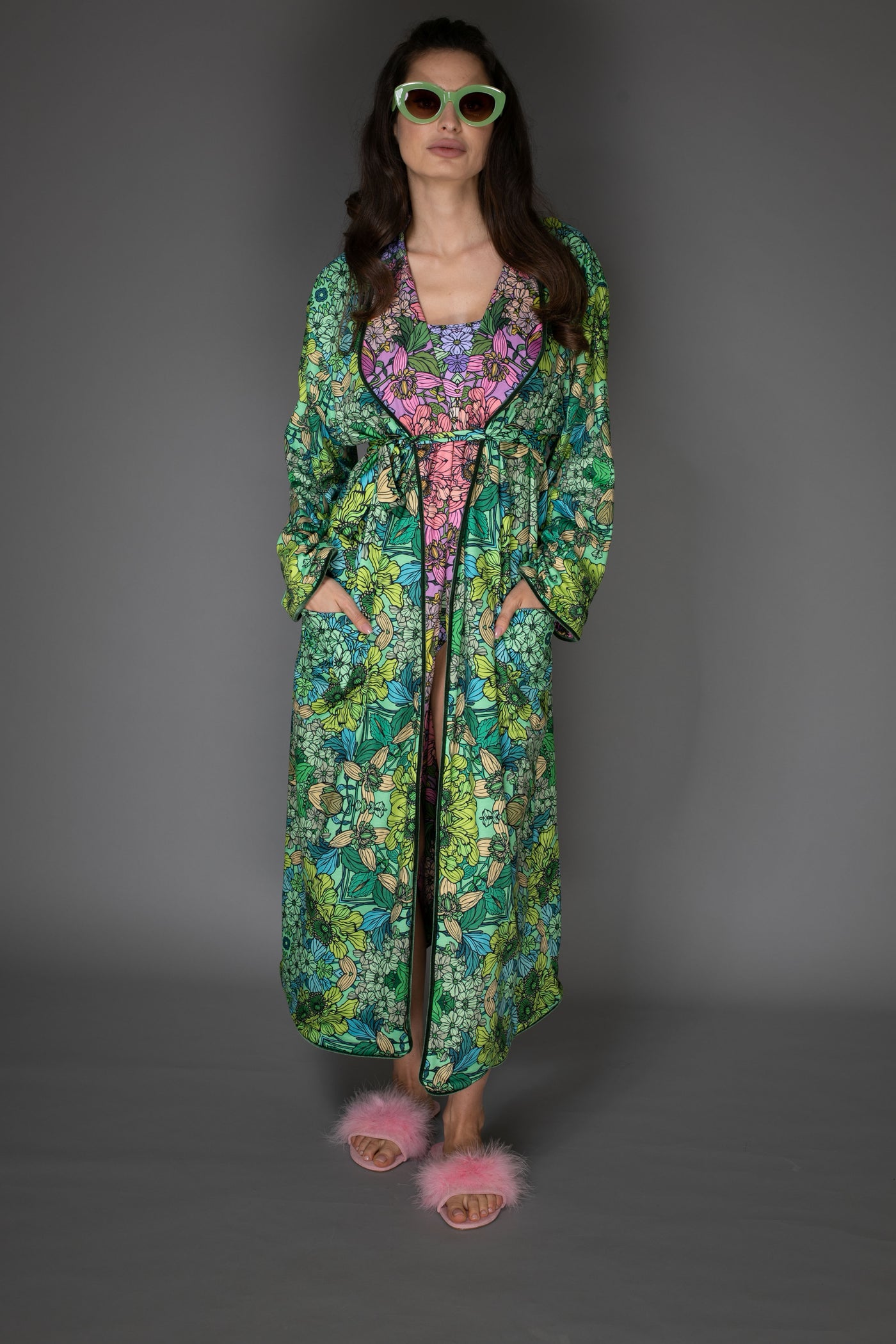 AB Robe Coat - Floral Green Pink Reversible