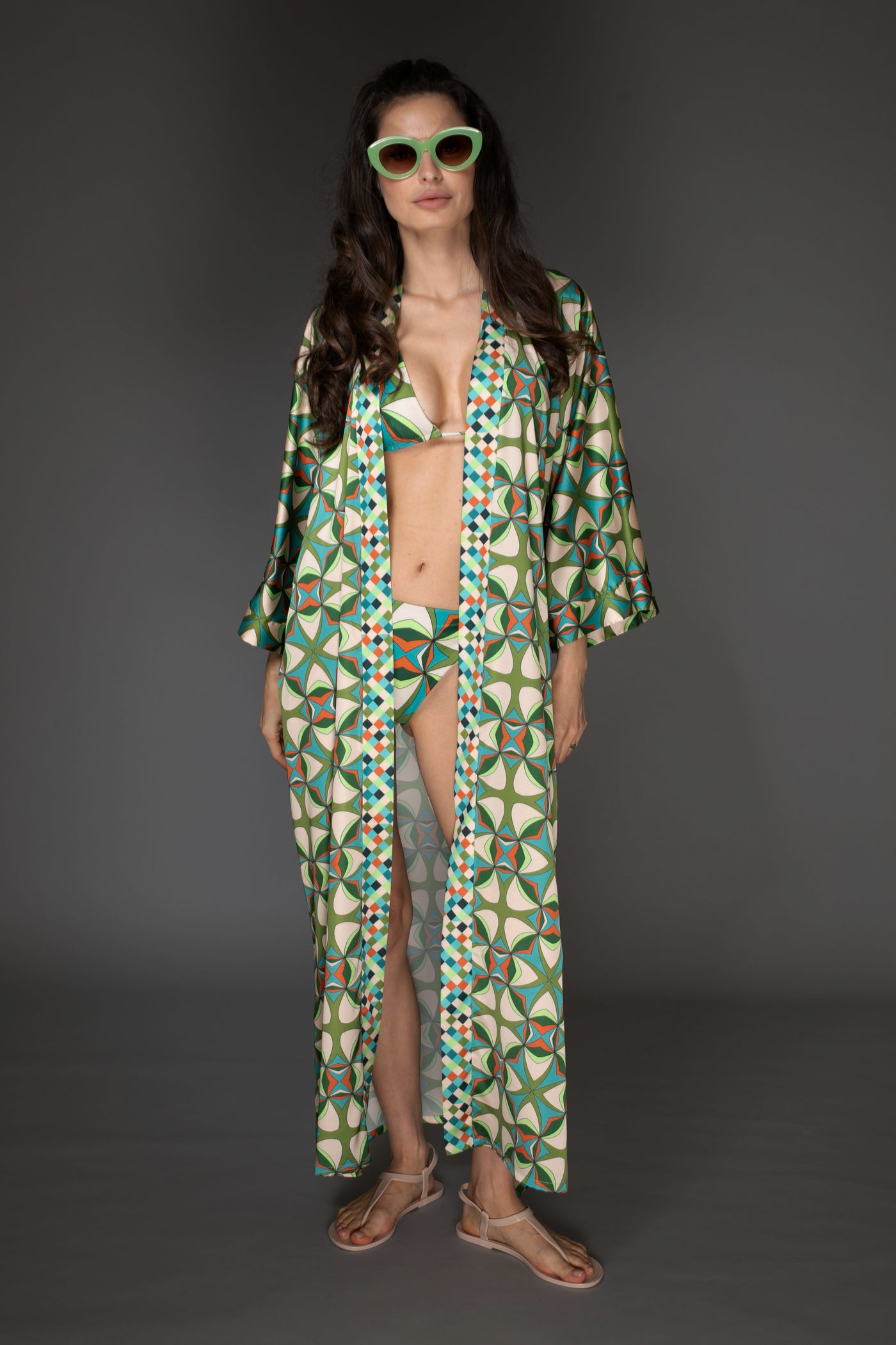 AB Satin Kimono - Light Green Floral Elegance