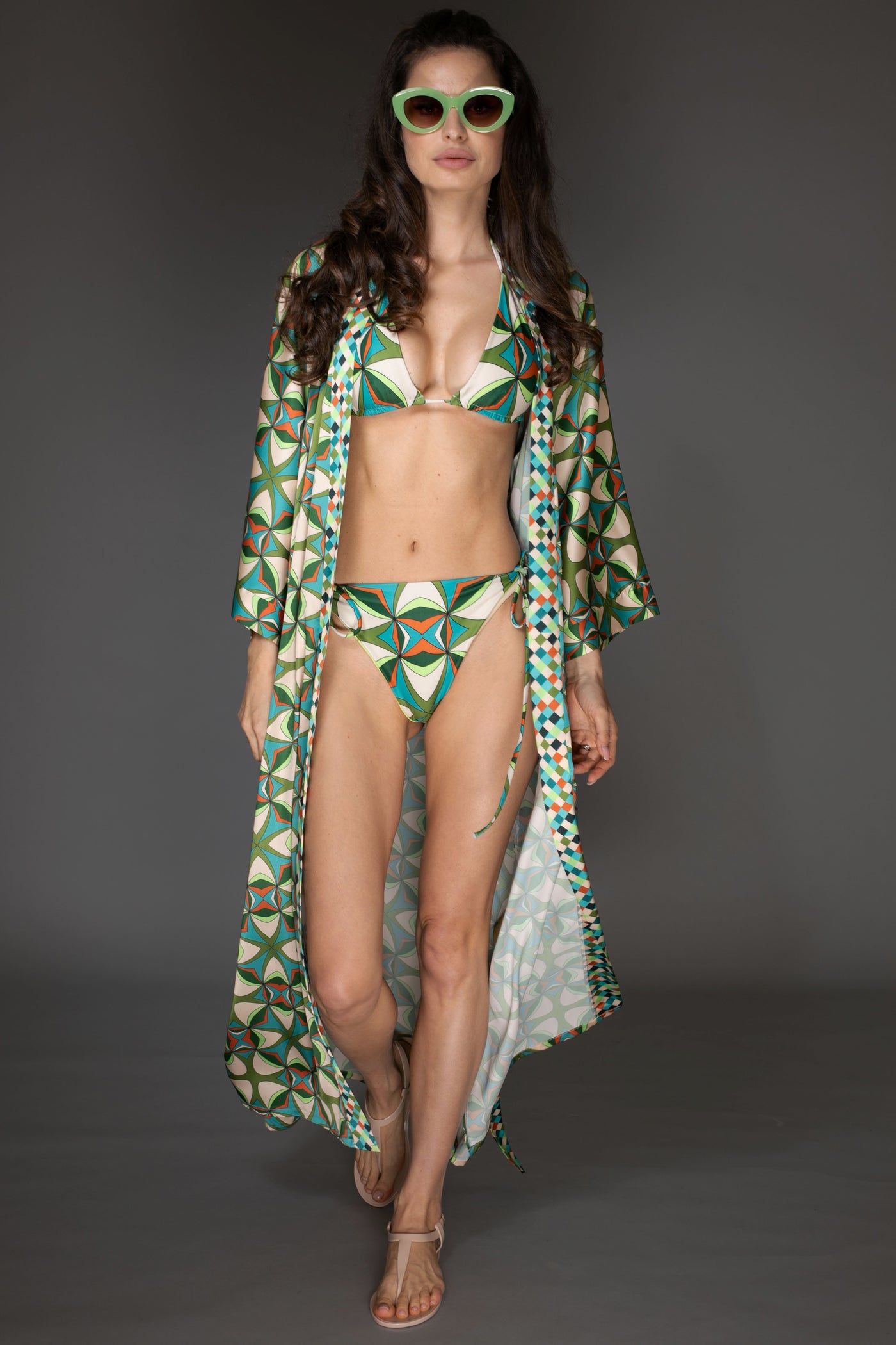 AB Satin Kimono - Light Green Floral Elegance