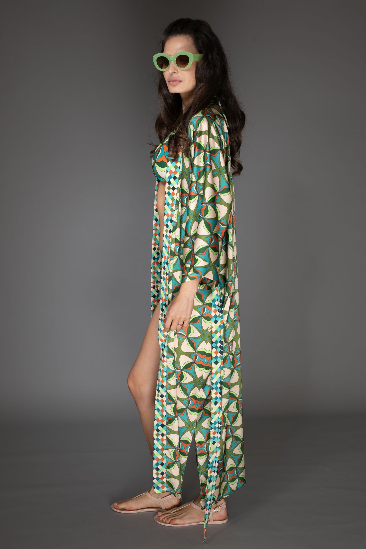 AB Satin Kimono - Light Green Floral Elegance