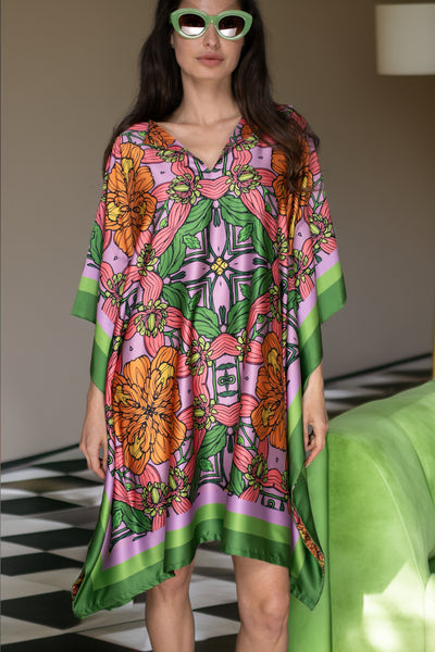 AB - Satin Kaftan Dress, Floral Exotic Flower, Short