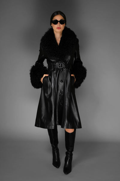 AW Trench Coat - Black Italian Leather & Mongolian Accent