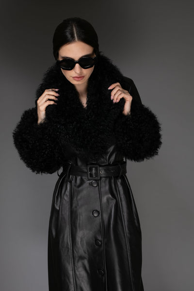 AW Trench Coat - Black Italian Leather & Mongolian Accent