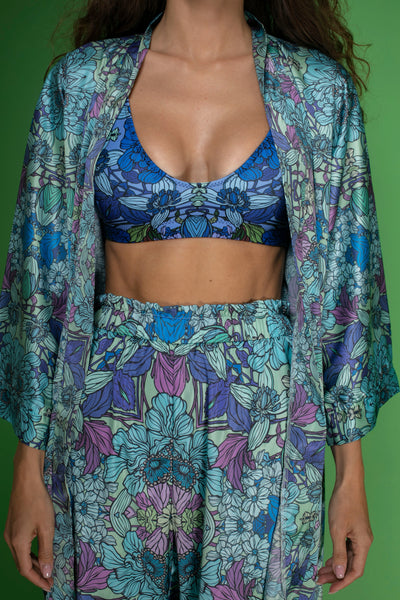 Blue Floral Satin Kimono