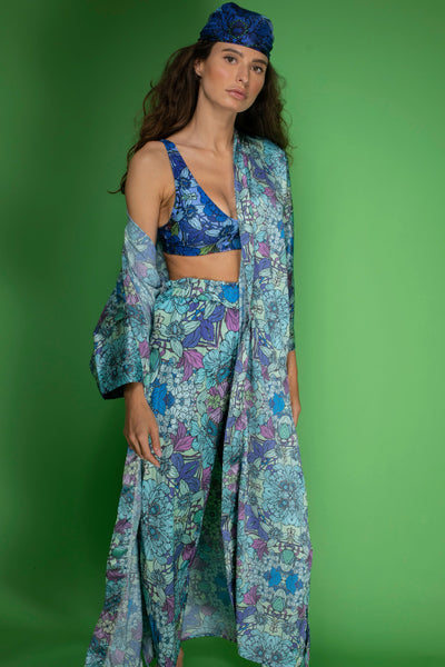 Blue Floral Satin Kimono