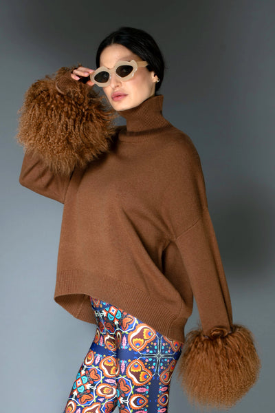 AW - Brown Chocolate Cashmere Sweater with Mongolian wool cuff