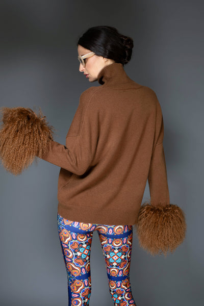 AW - Brown Chocolate Cashmere Sweater with Mongolian wool cuff