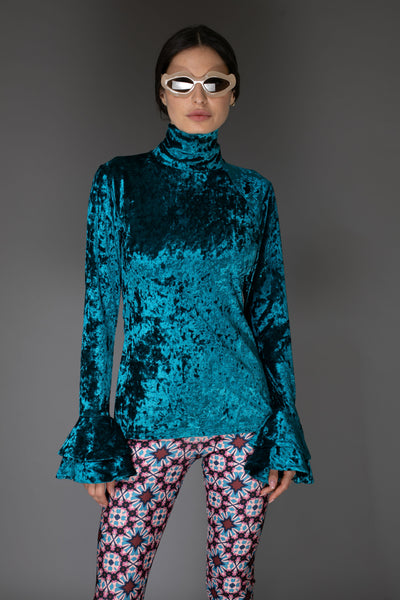 AW Velvet Top - Blue Flare Ruffle Long-Sleeve