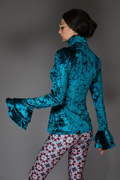 AW Velvet Top - Blue Flare Ruffle Long-Sleeve