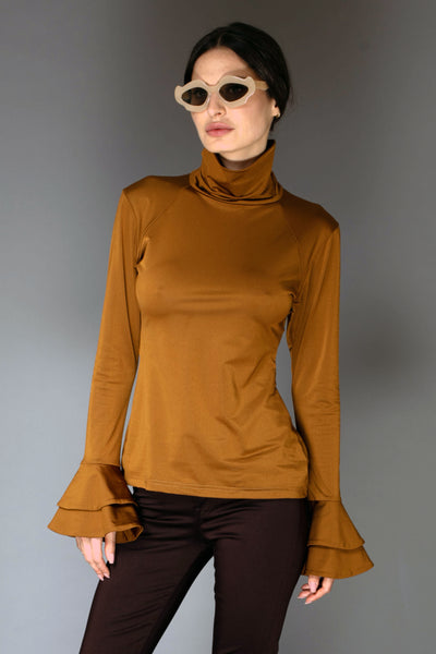 AW Lycra Top - Bronze Flare Ruffle Long-Sleeve