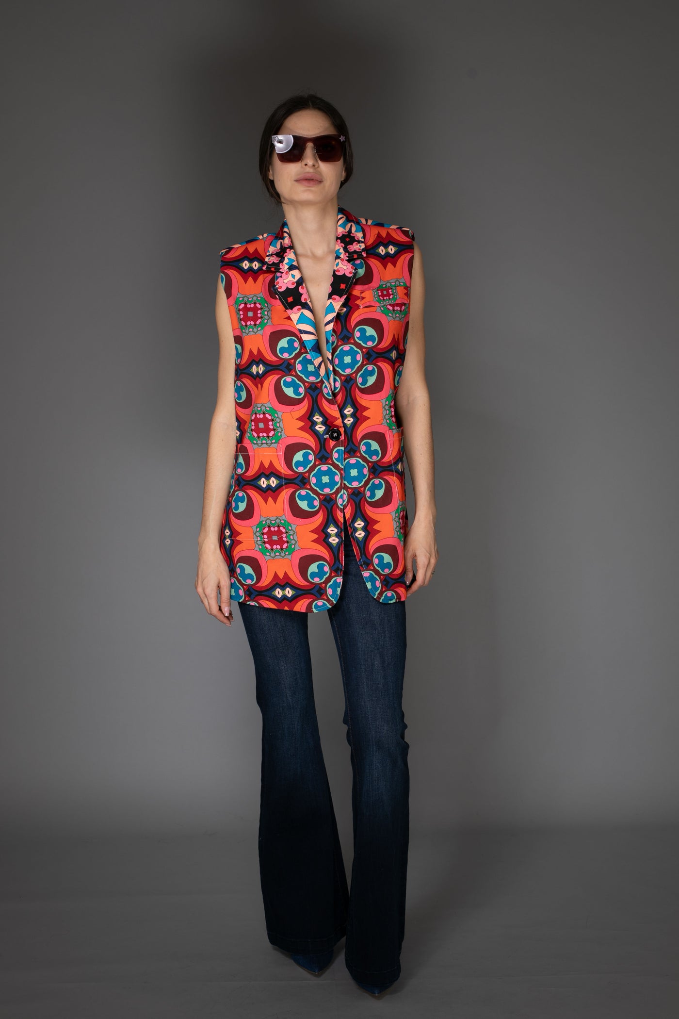 AW - Orange Floral Printed Cotton Oversized Boxy Vest