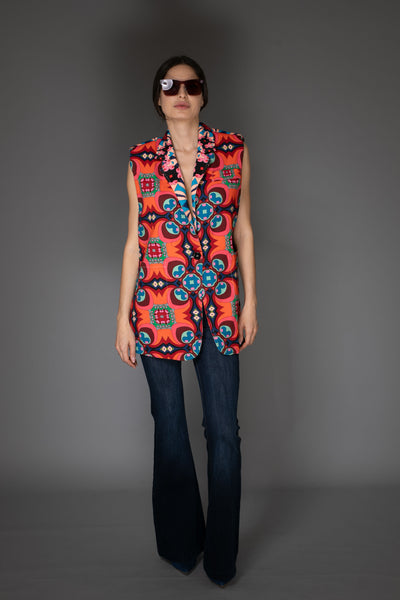 AW - Orange Floral Printed Cotton Oversized Boxy Vest