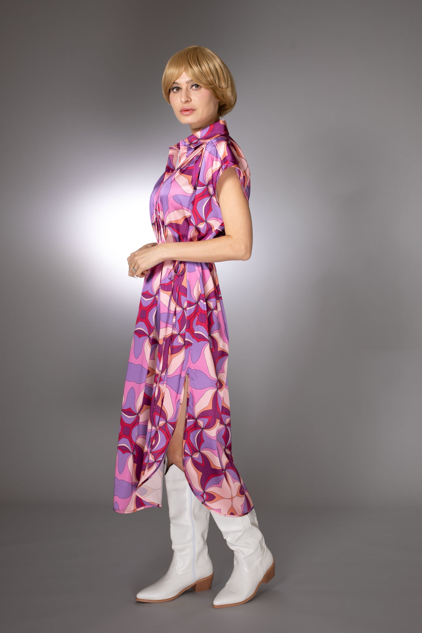 ST- Purple Relaxed Fit Satin Printed Spread Collar Dress