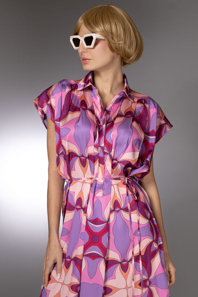 ST- Purple Relaxed Fit Satin Printed Spread Collar Dress