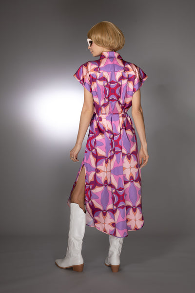 ST- Purple Relaxed Fit Satin Printed Spread Collar Dress