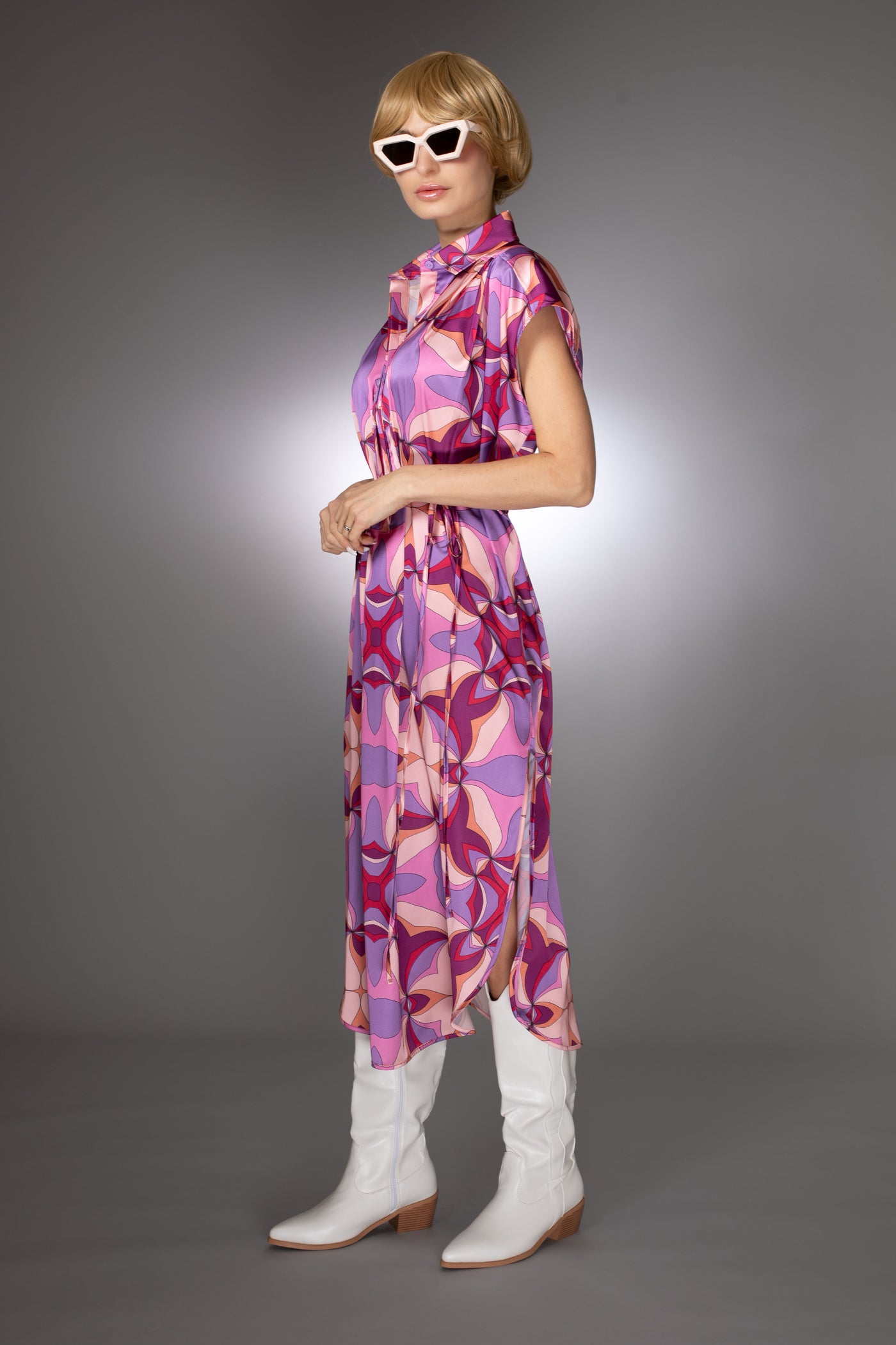 ST- Purple Relaxed Fit Satin Printed Spread Collar Dress