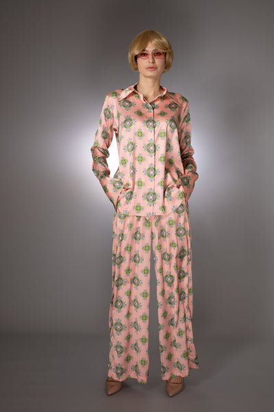 ST- Duchess Satin Floral Pattern Prints Pastel Pink Shirt