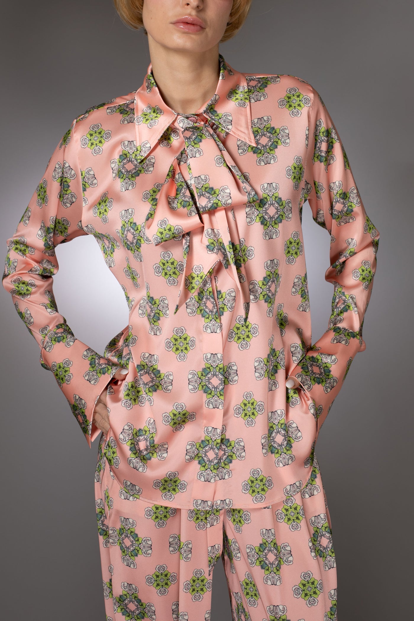 ST- Duchess Satin Floral Pattern Prints Pastel Pink Shirt