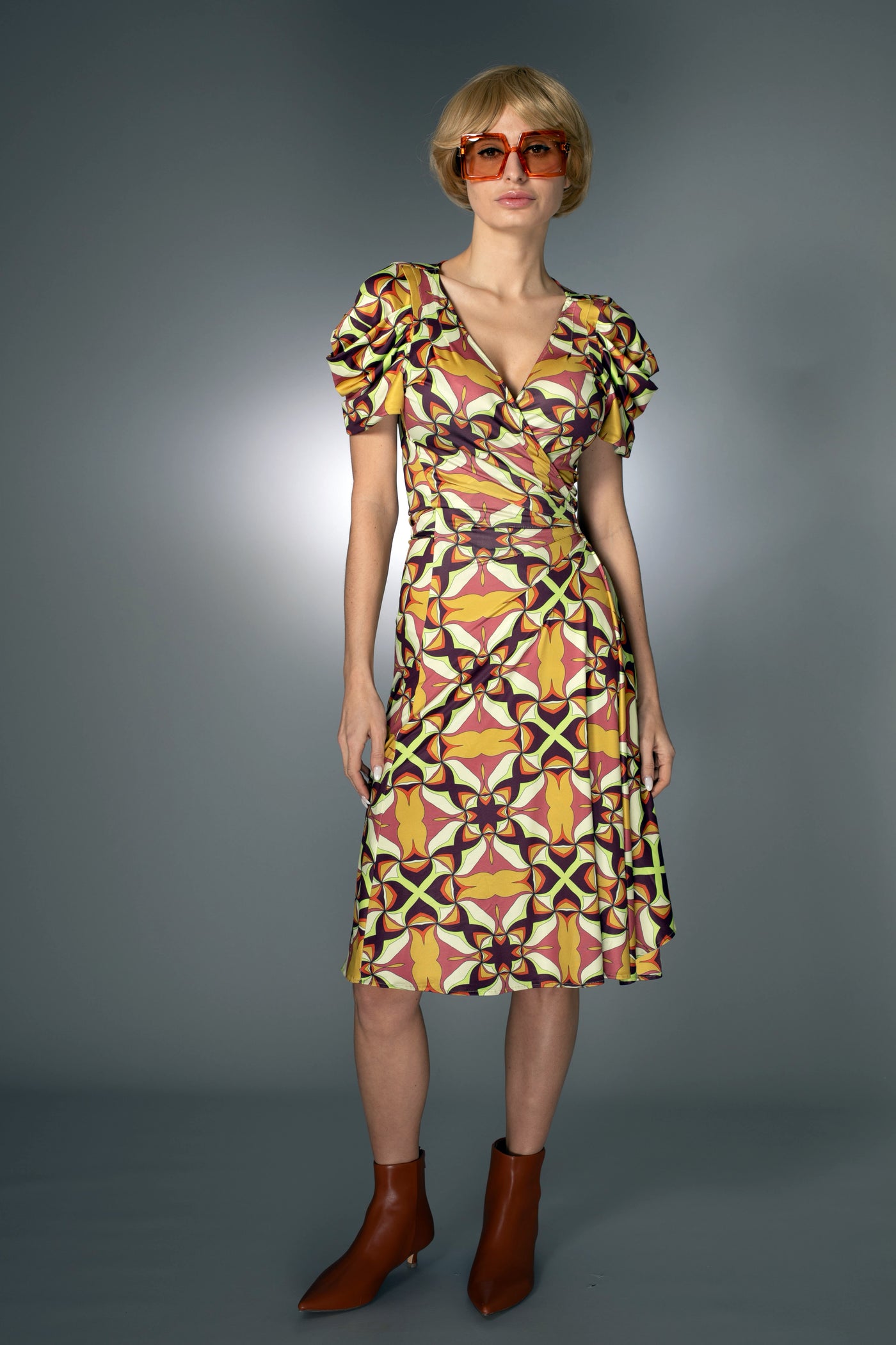 ST- Geometric Print Brown Wrap Dress