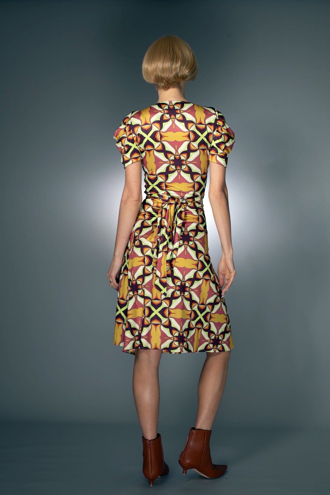 ST- Geometric Print Brown Wrap Dress