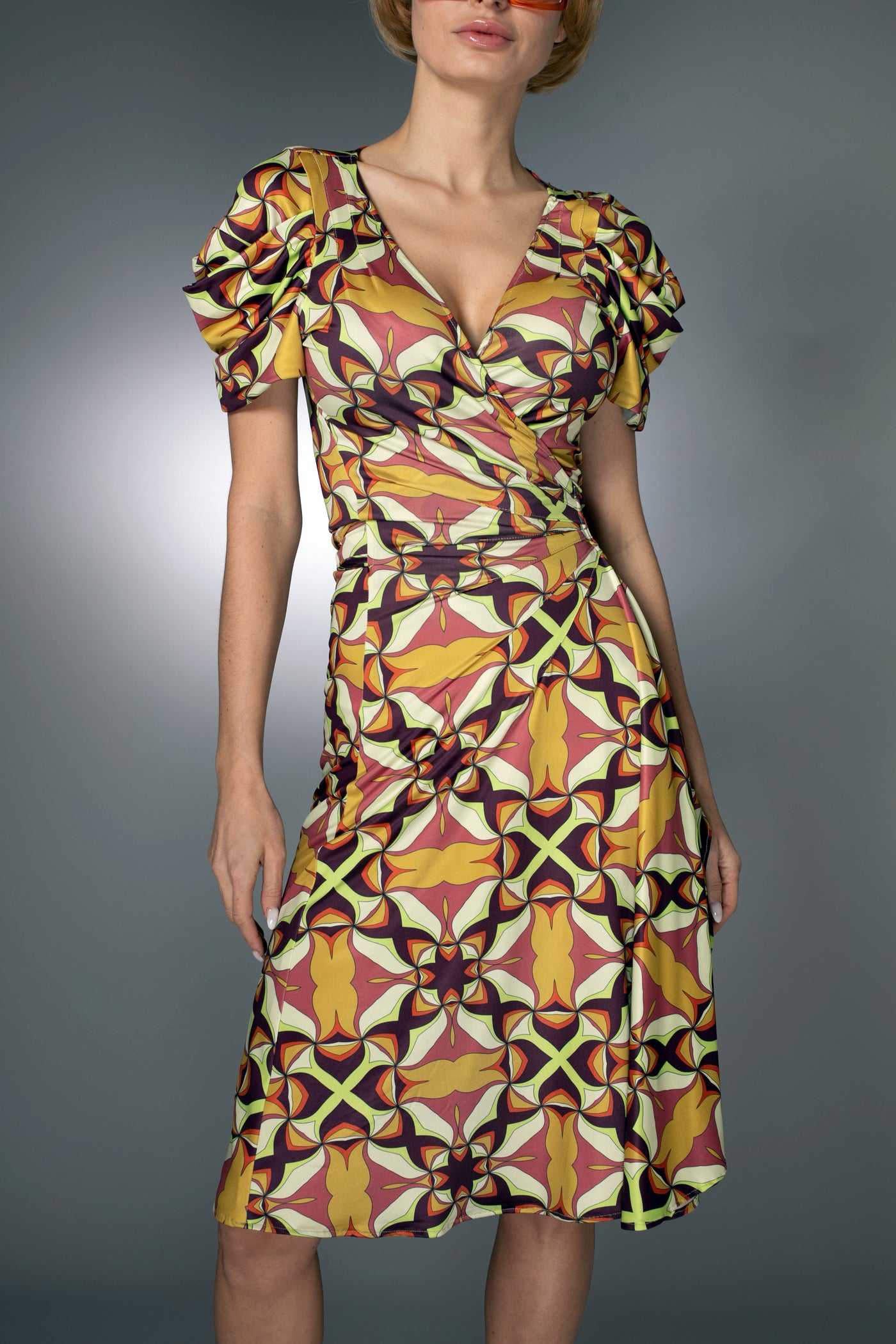 ST- Geometric Print Brown Wrap Dress