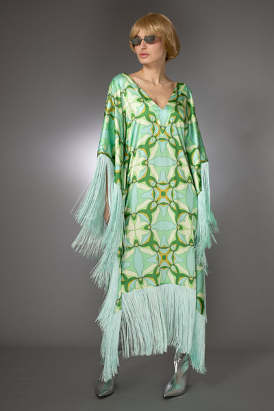 ST- Mint Green Fringed Satin Cady Long Kaftan Dress