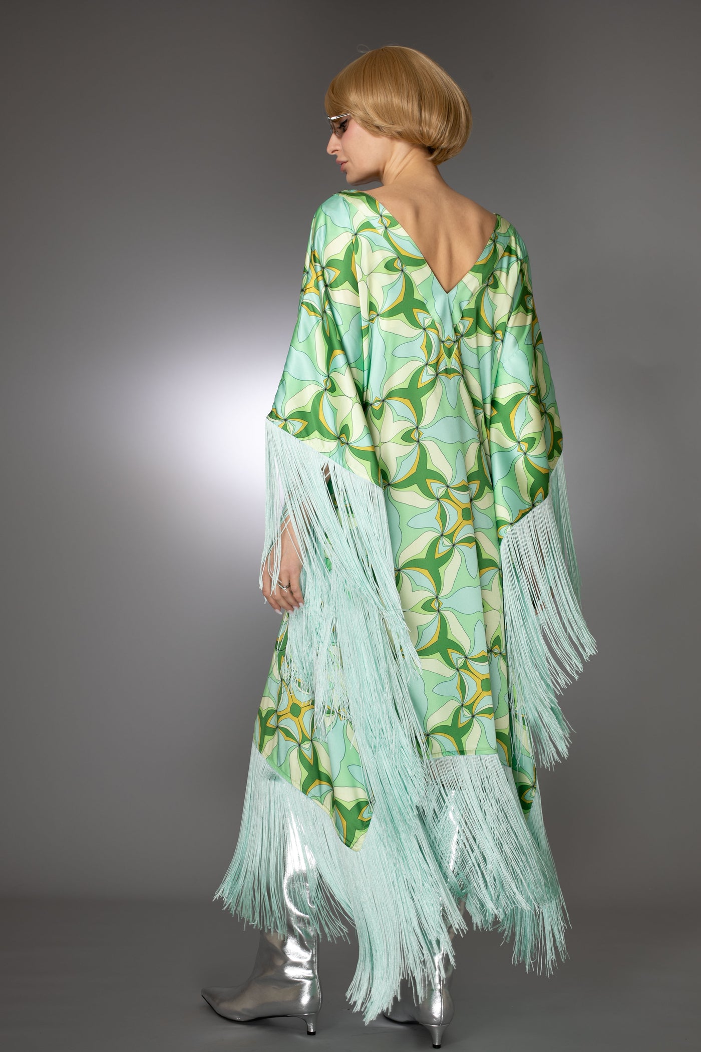 ST- Mint Green Fringed Satin Cady Long Kaftan Dress