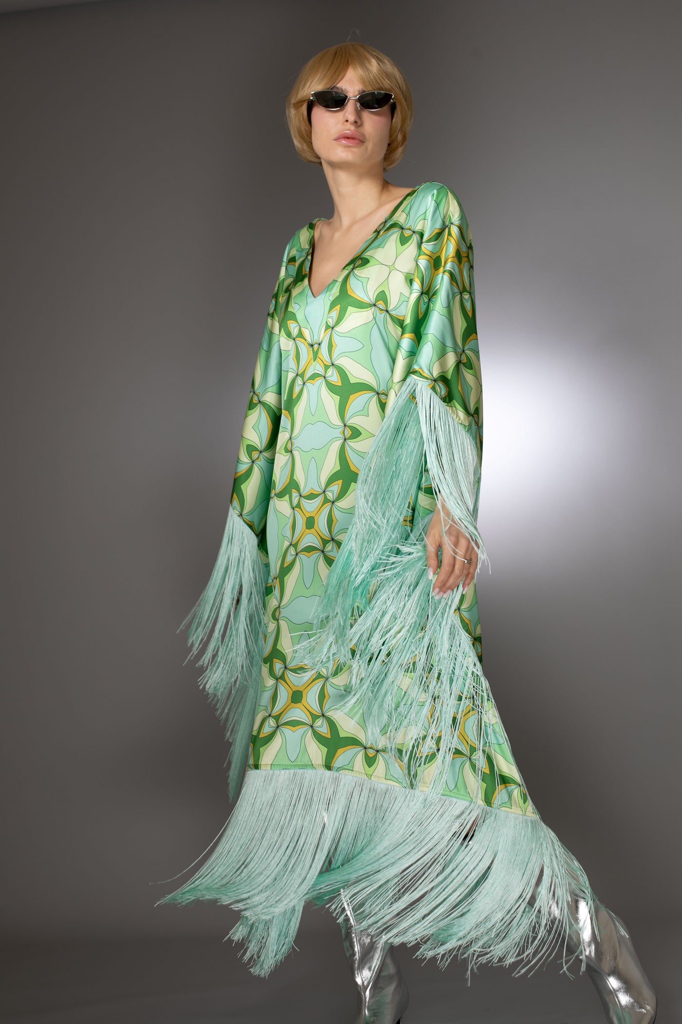 ST- Mint Green Fringed Satin Cady Long Kaftan Dress