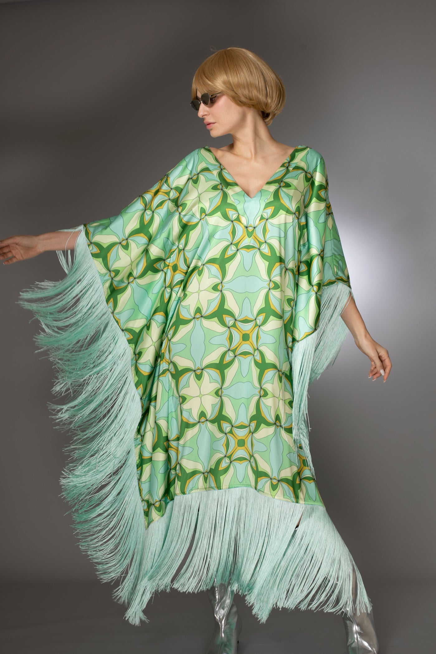 ST- Mint Green Fringed Satin Cady Long Kaftan Dress