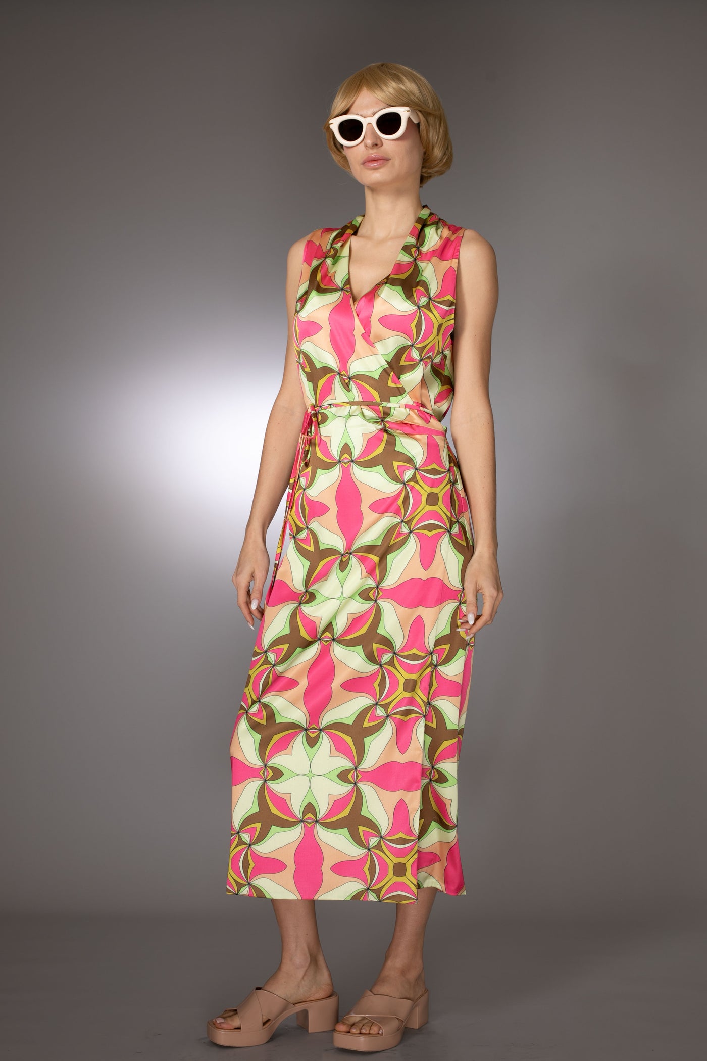 ST- Geometric Pink Sleeveless Wrap Dress