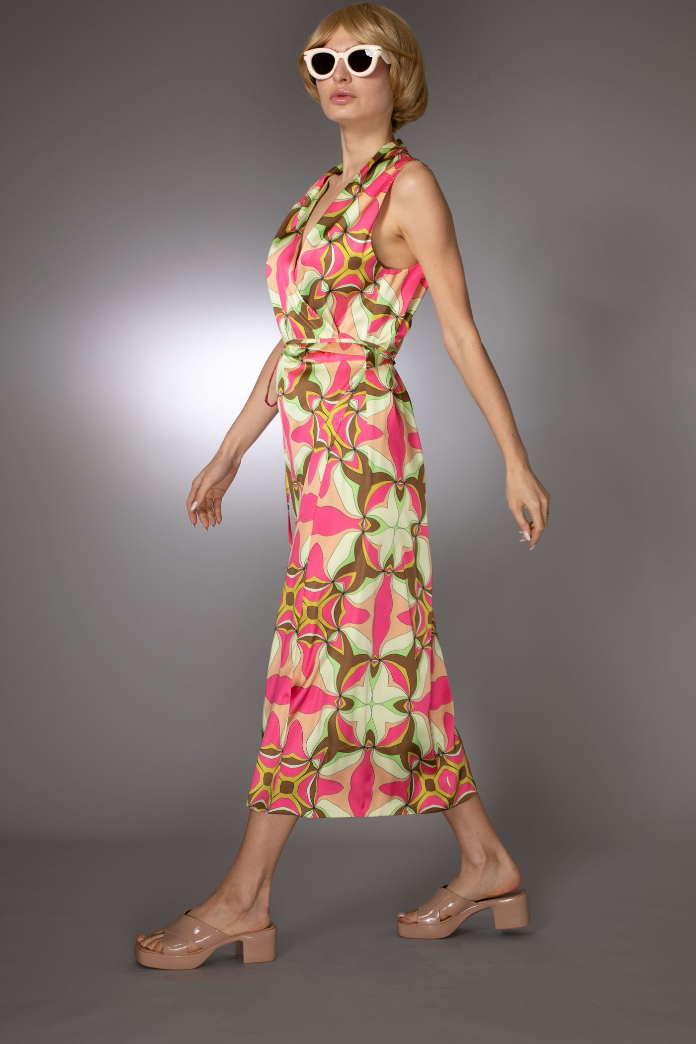 ST- Geometric Pink Sleeveless Wrap Dress