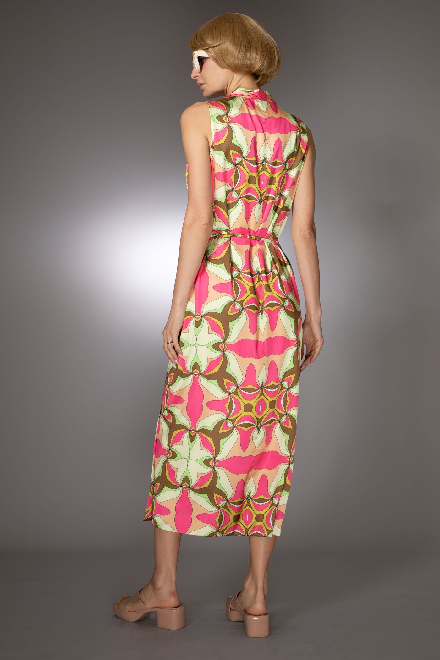 ST- Geometric Pink Sleeveless Wrap Dress