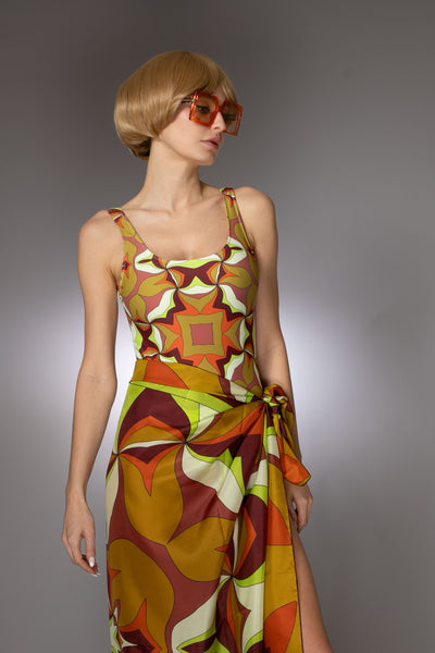 ST- Abstract Ochre Print Silk Scarf Sarong