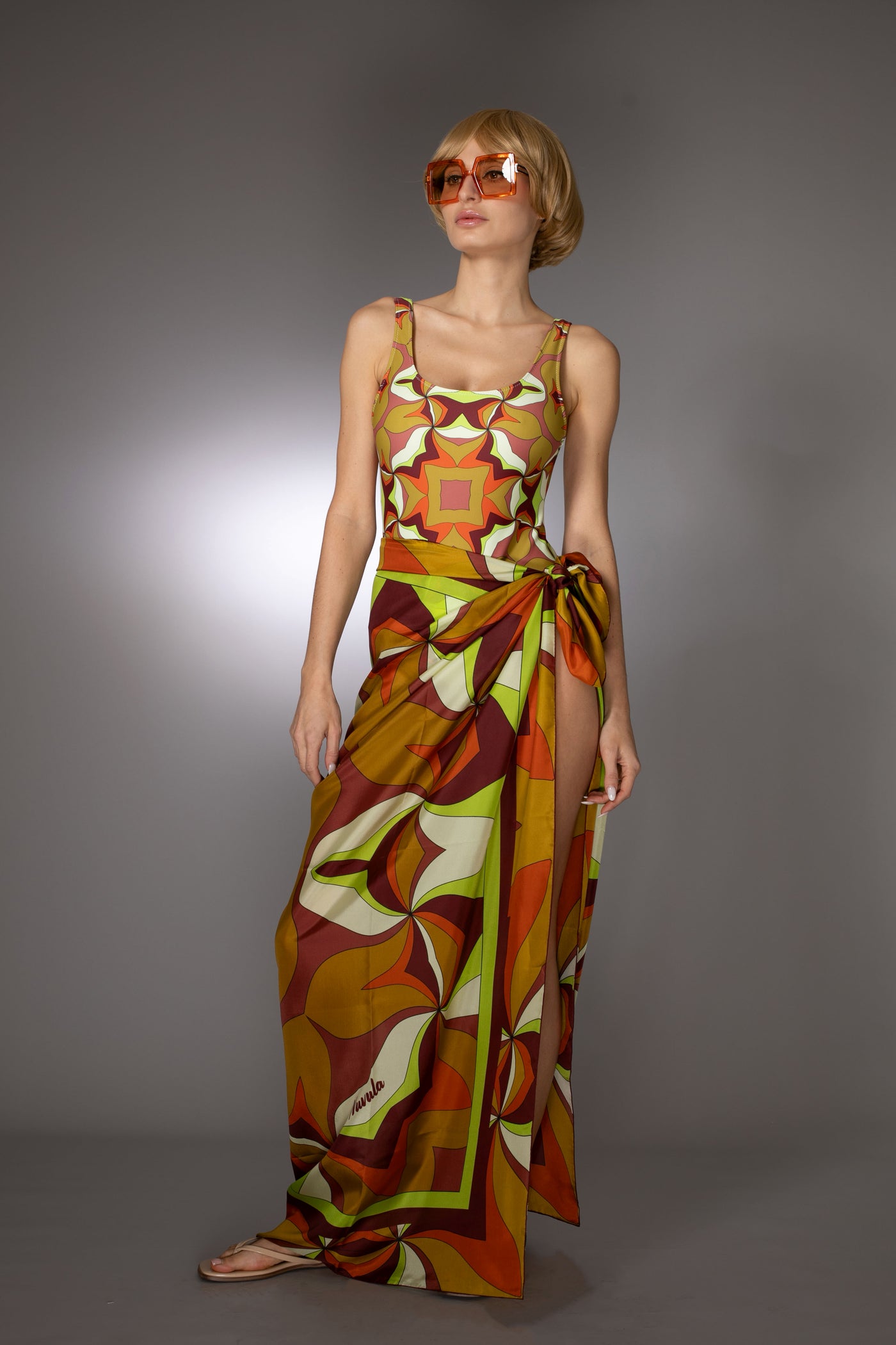 ST- Abstract Ochre Print Silk Scarf Sarong