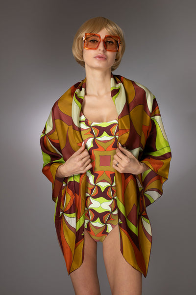 ST- Abstract Ochre Print Silk Scarf Sarong