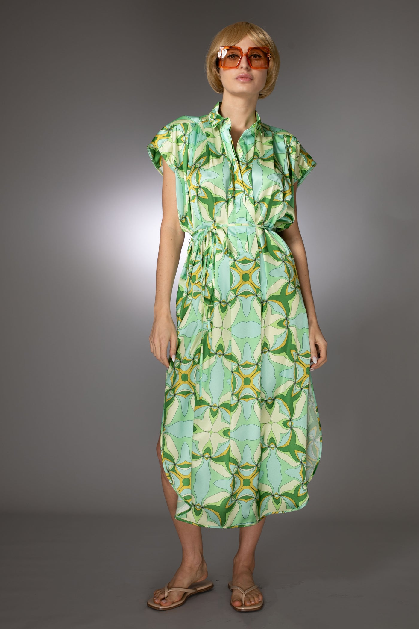 ST- Green Relaxed Fit Satin Printed Spread Collar Dress