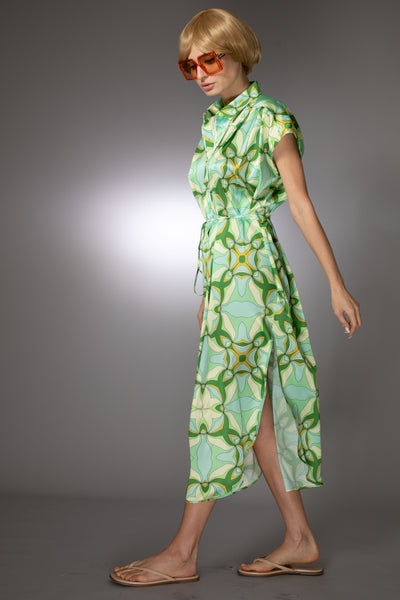 ST- Green Relaxed Fit Satin Printed Spread Collar Dress