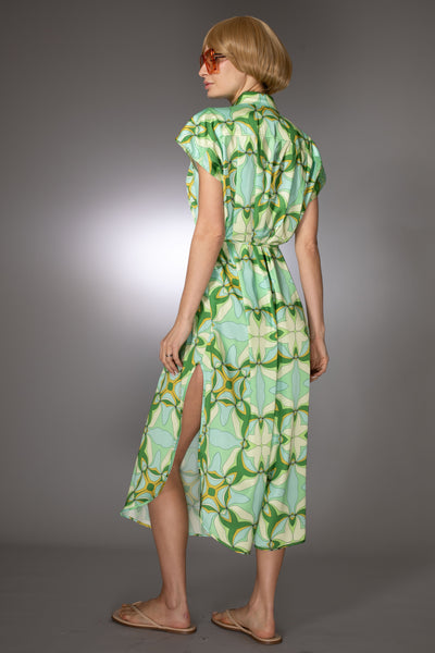 ST- Green Relaxed Fit Satin Printed Spread Collar Dress