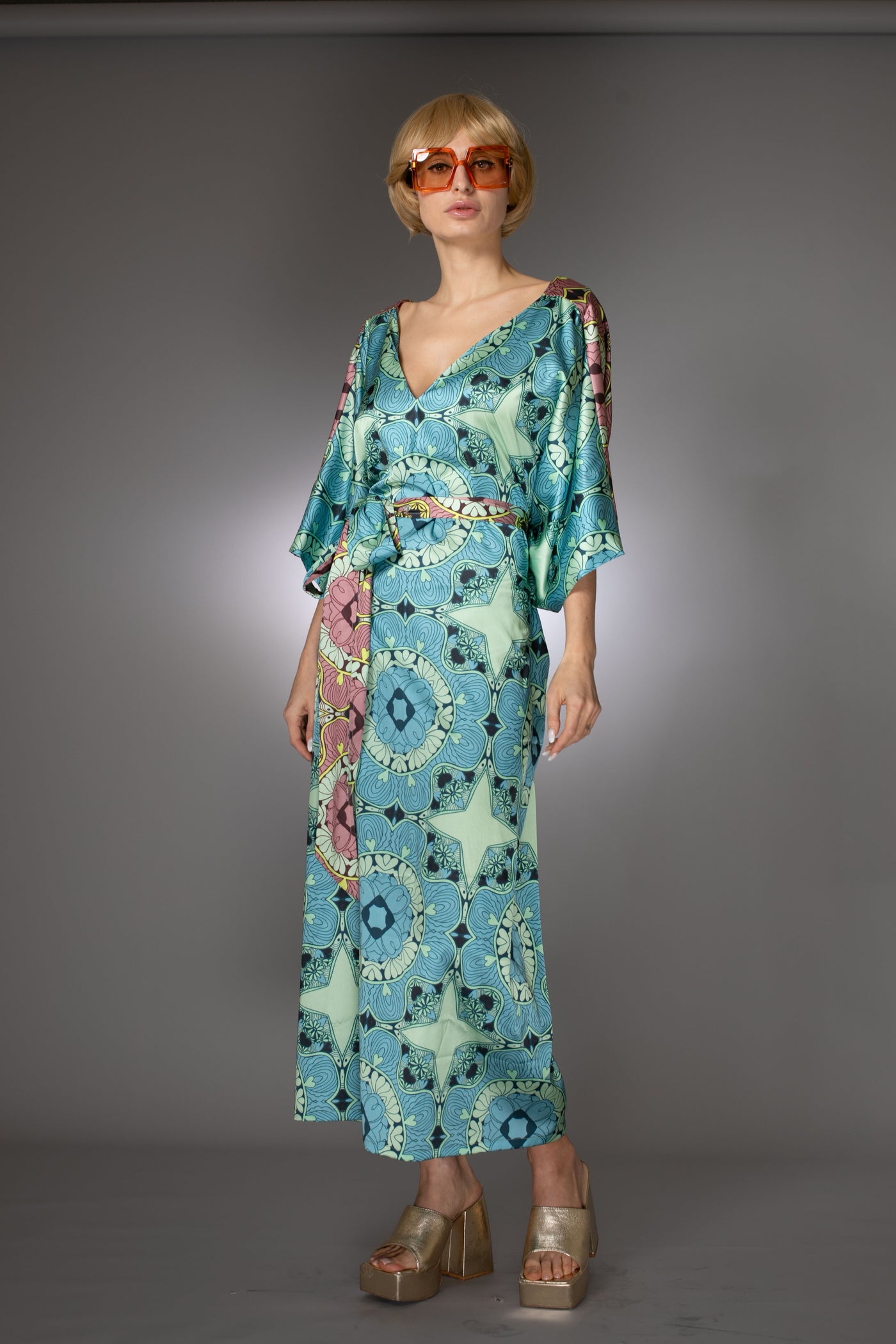 ST- Multicolor Belted V neck Kaftan Satin Dress