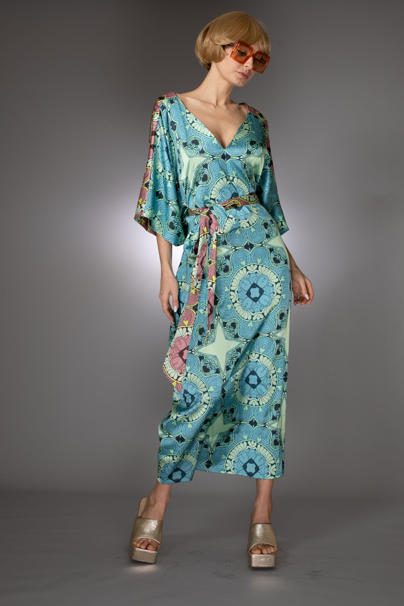 ST- Multicolor Belted V neck Kaftan Satin Dress