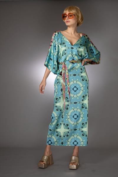 ST- Multicolor Belted V neck Kaftan Satin Dress