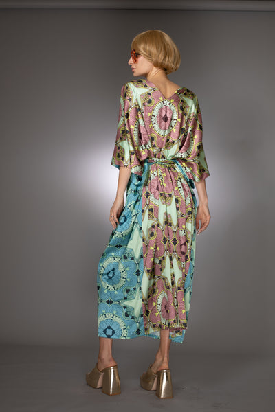 ST- Multicolor Belted V neck Kaftan Satin Dress