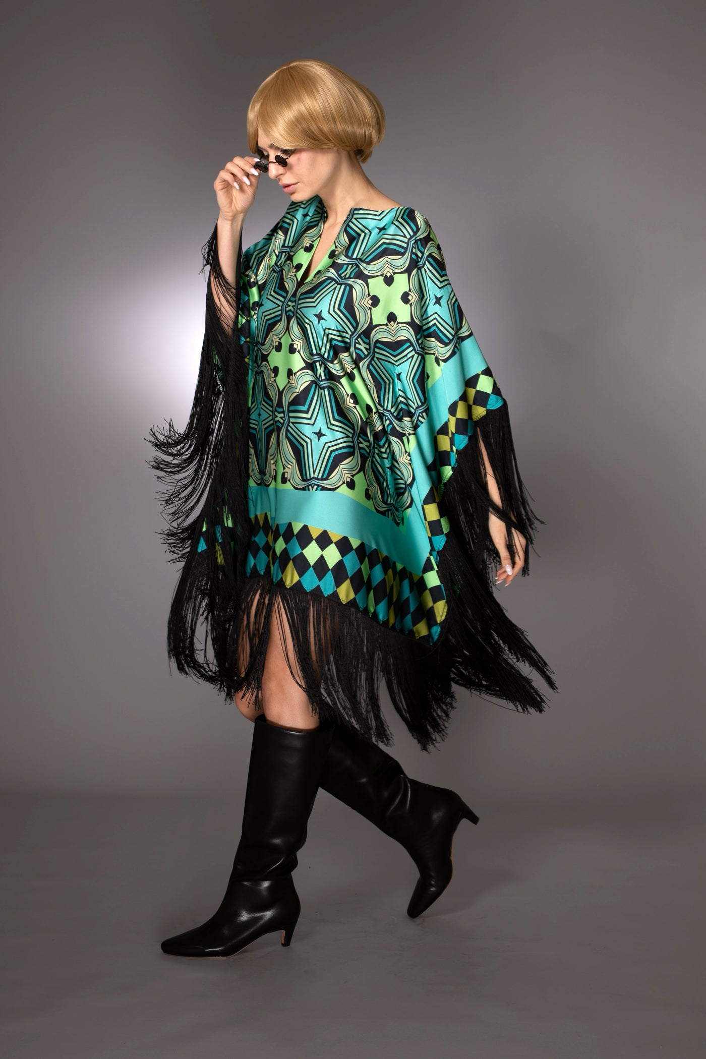 ST- Stars Fringed Satin Short Kaftan Dress