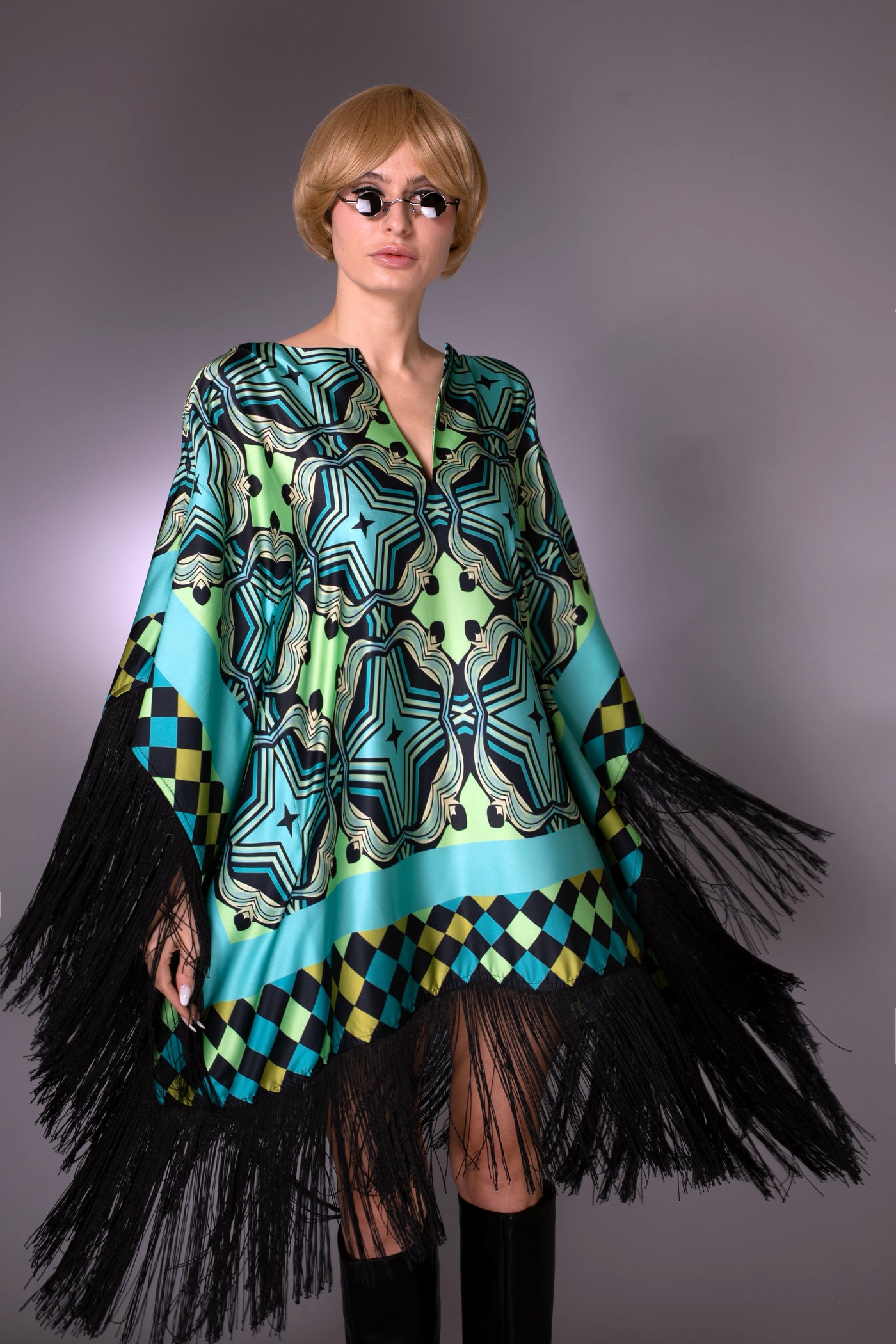 ST- Stars Fringed Satin Short Kaftan Dress