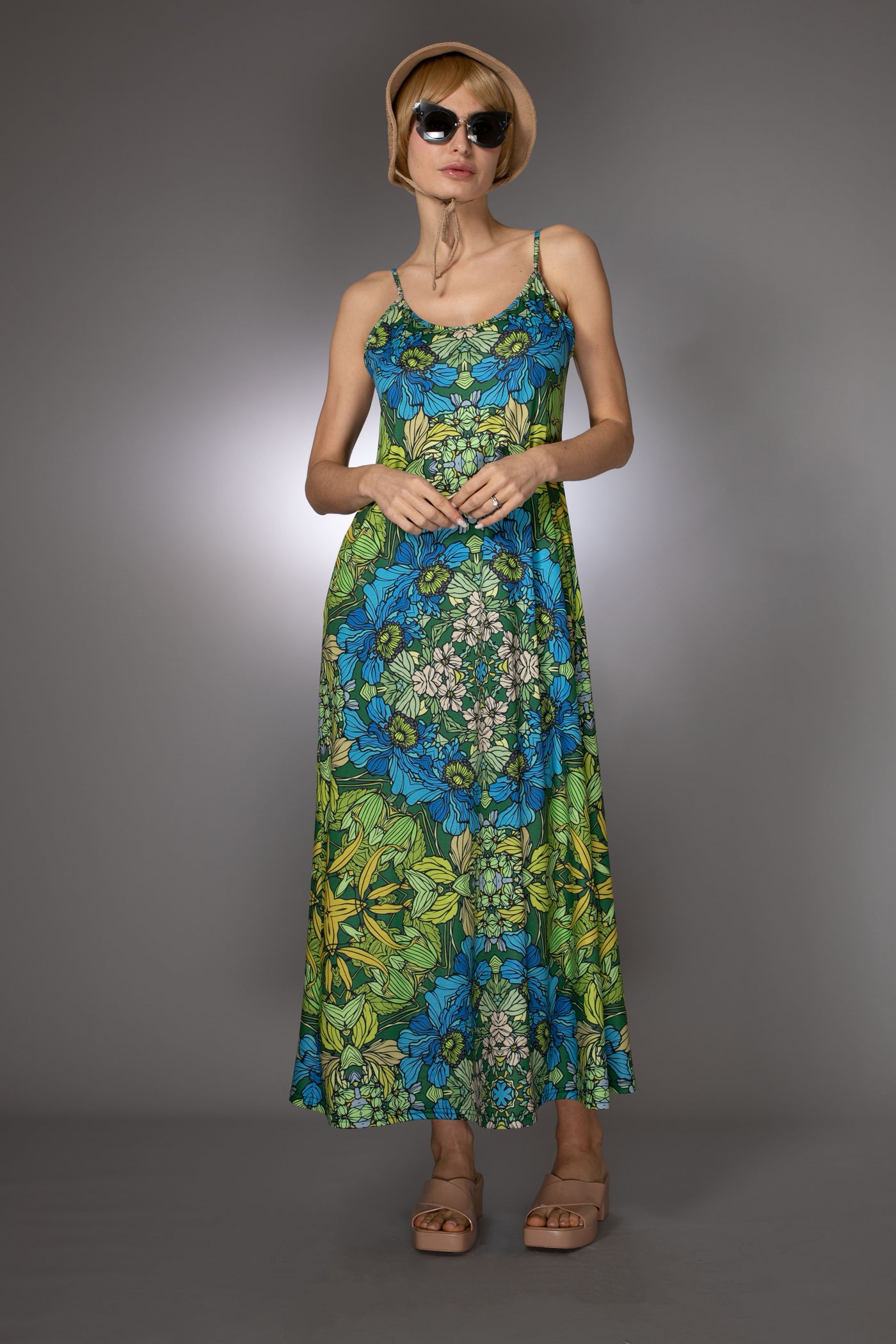 ST- Botanical Illustrations Prints Blue Slip Maxi Dress