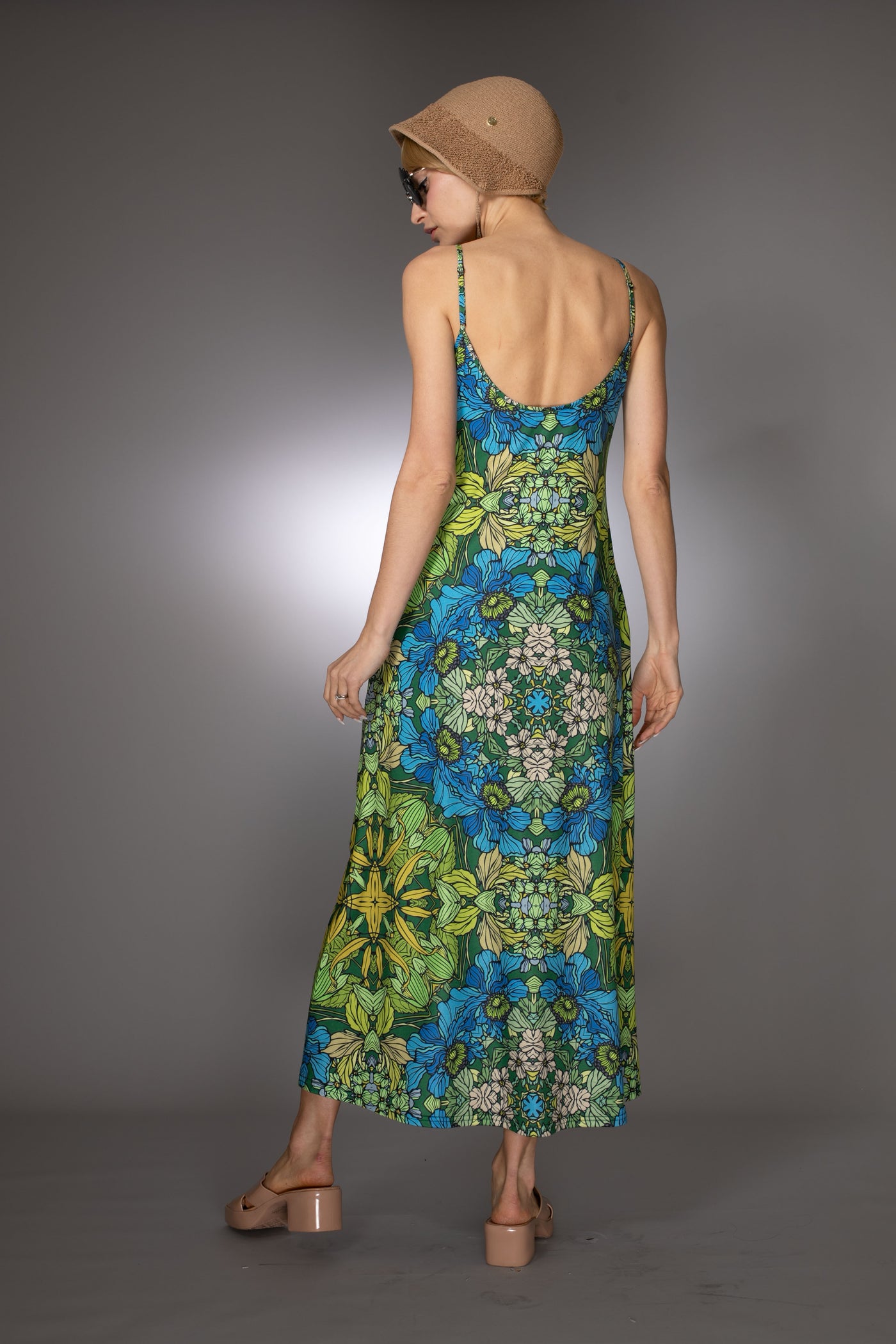 ST- Botanical Illustrations Prints Blue Slip Maxi Dress