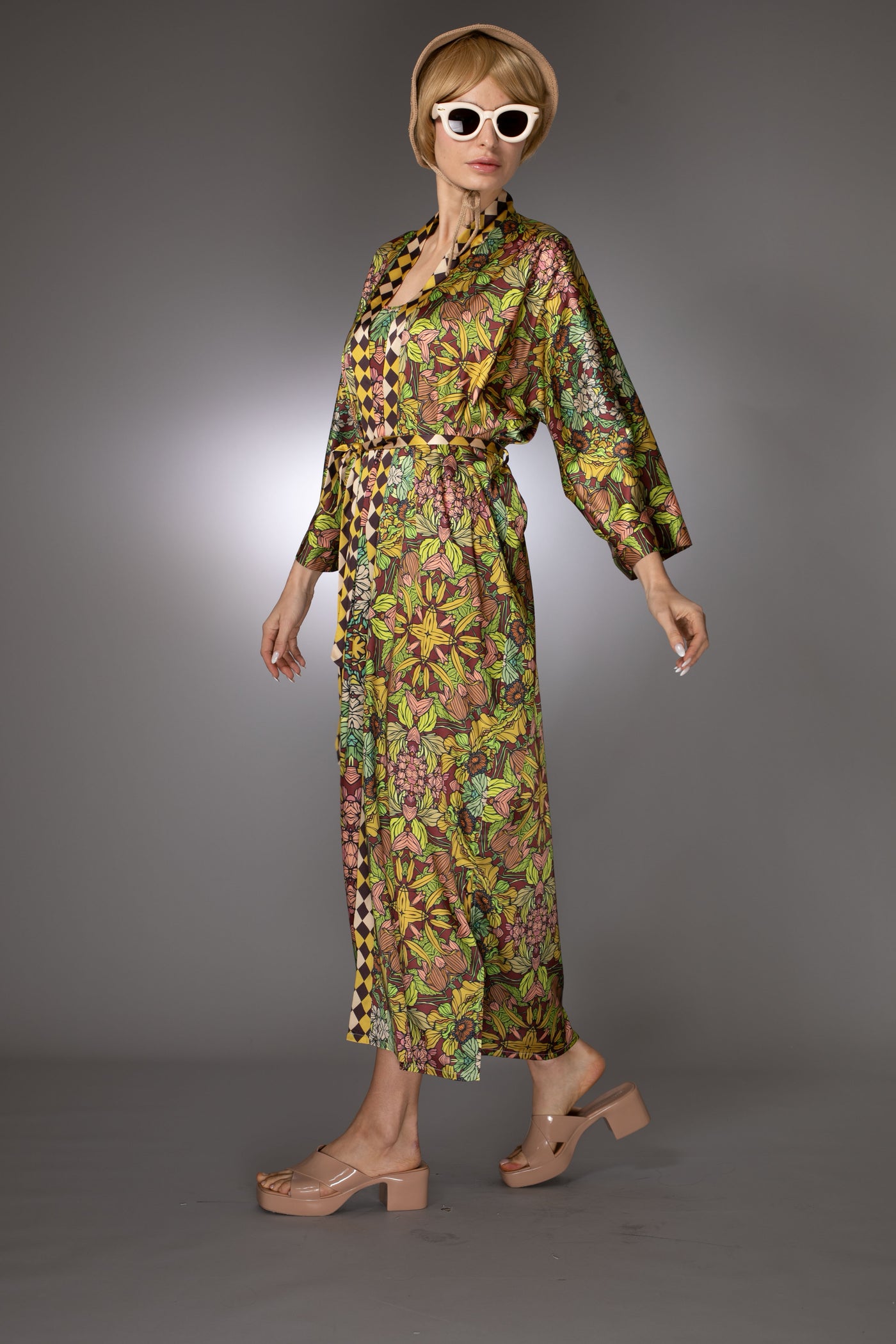 ST- Brown Golden Duchess Floral Satin Kimono