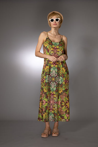 ST- Botanical Illustrations Prints Brown Slip Maxi Dress